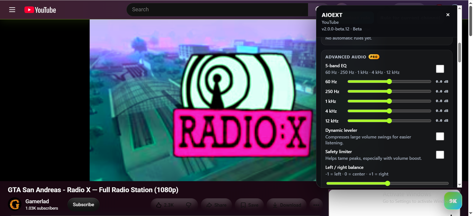 AIOEXT running on YouTube with the advanced audio panel open while a video and channel information remain visible.